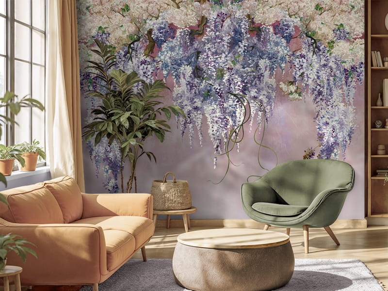 Фотообои Красивые ветви сирени в интерьере гостиной
