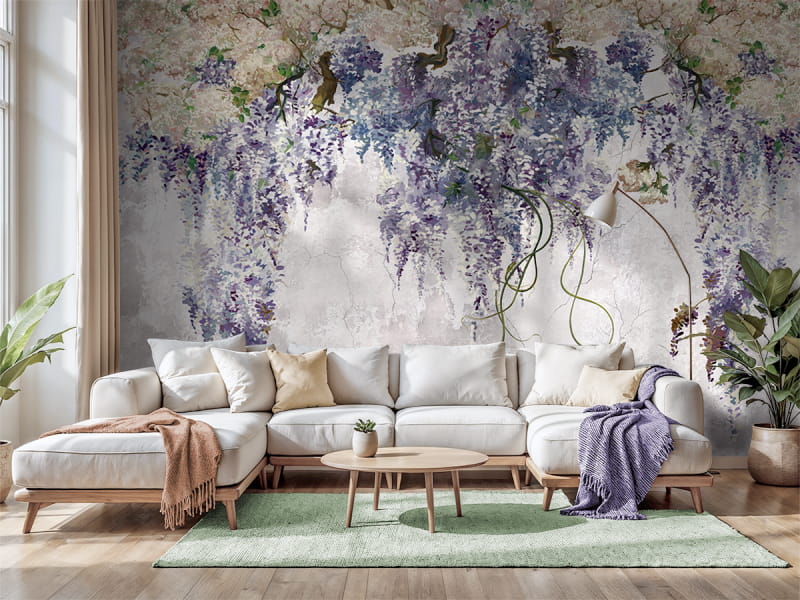 Фотообои Ветви сирени в интерьере гостиной