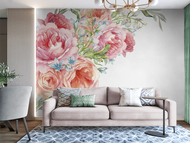 Фотообои Нежные цветы, акварель в интерьере гостиной