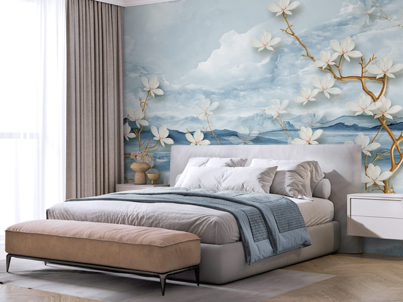 Фотошпалери Квітуча біла магнолія 3Д в інтер'єрі спальні
