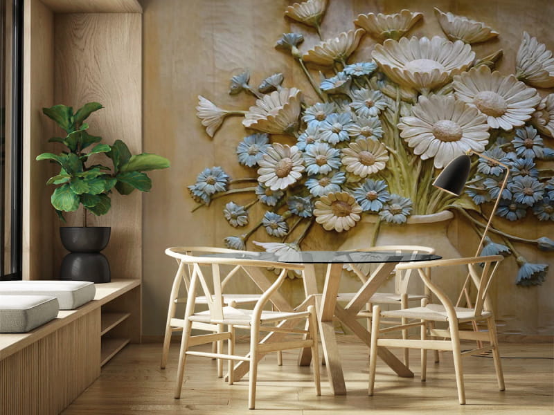 Фотообои Ромашки 3Д в интерьере кухни