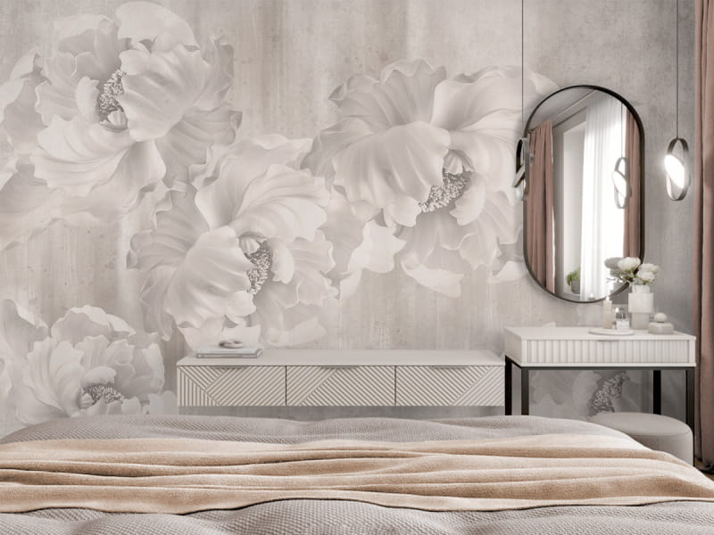 Фотошпалери Цвітіння півоній в інтер'єрі спальні