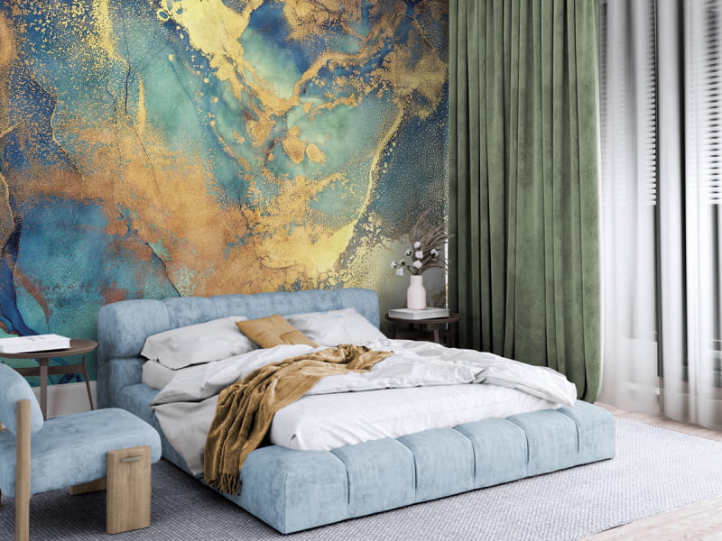 Фотошпалери Північне сяйво, флюїд арт в інтер'єрі спальні