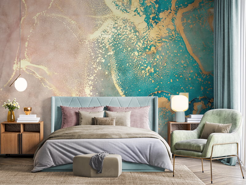 Фотообои Берег моря, флюид арт в интерьере спальни