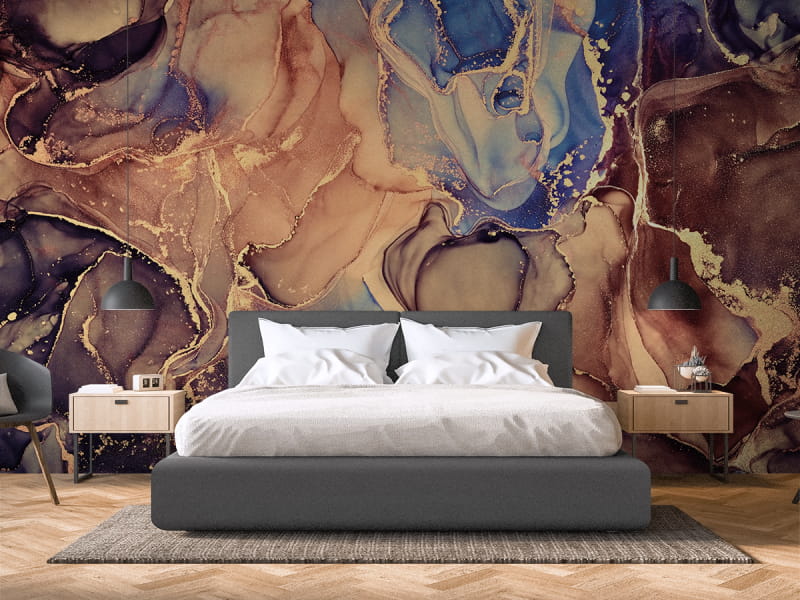 Фотообои Волшебный флюид арт в интерьере спальни