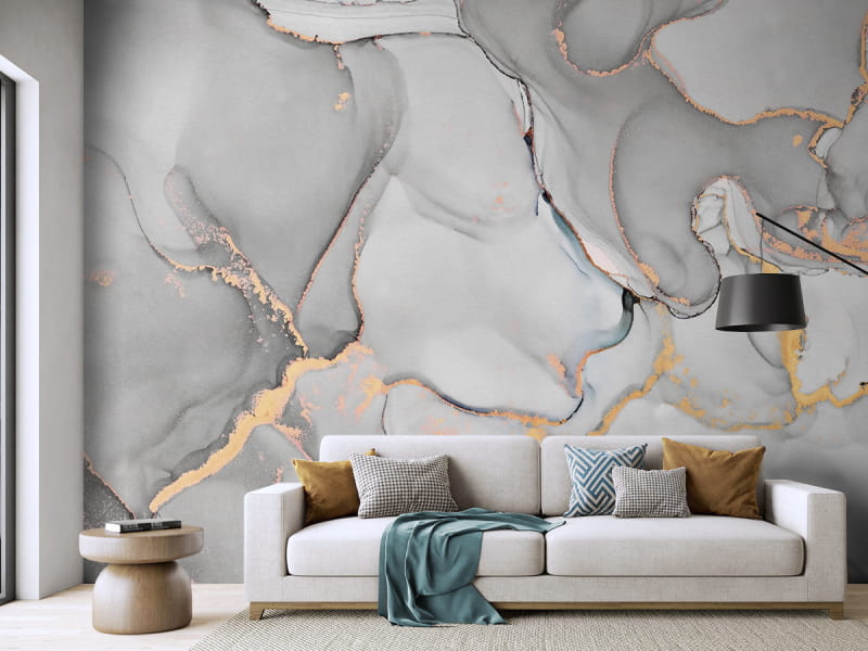 Фотообои Серый с золотом флюид арт в интерьере гостиной
