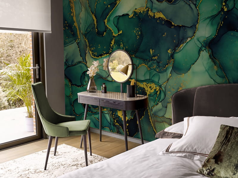 Фотообои Зеленая акварель в интерьере спальни