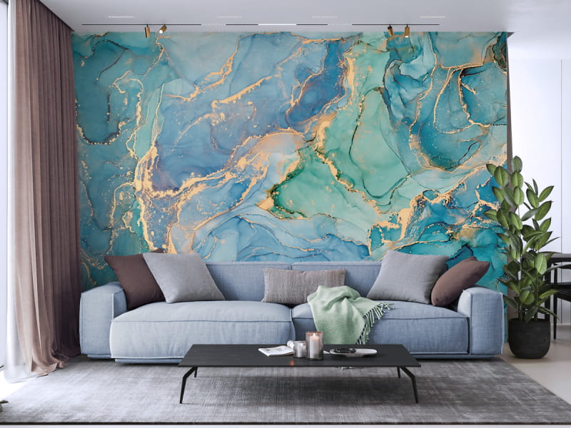 Фотошпалери Синій мармур, флюїд в інтер'єрі вітальні