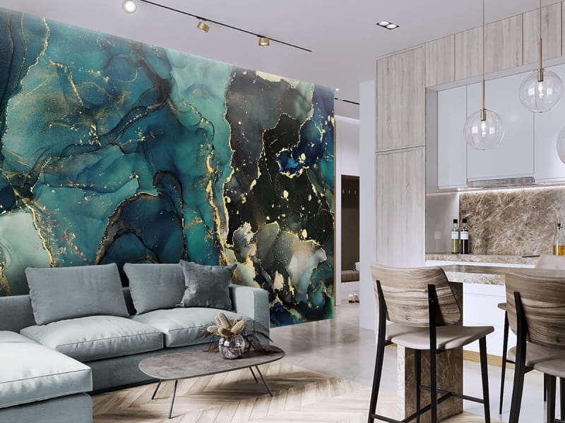 Фотообои Синий флюид в интерьере гостиной