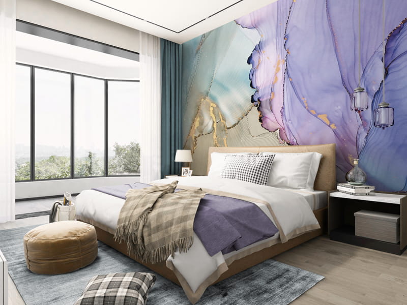 Фотообои Светлая акварель в интерьере спальни