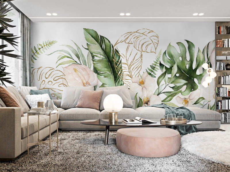 Фотообои Зеленая листва, акварель в интерьере гостиной