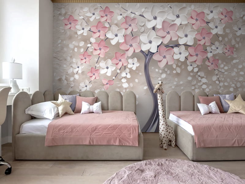 Фотошпалери Світле дерево 3Д в інтер'єрі дитячої