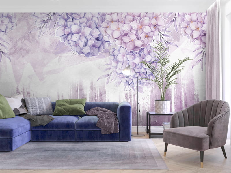 Фотошпалери Бузкова гортензія в інтер'єрі вітальні