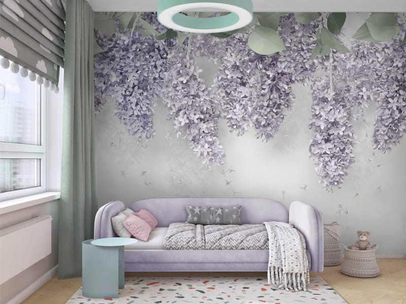 Фотообои Сирень 3Д в интерьере подростковой