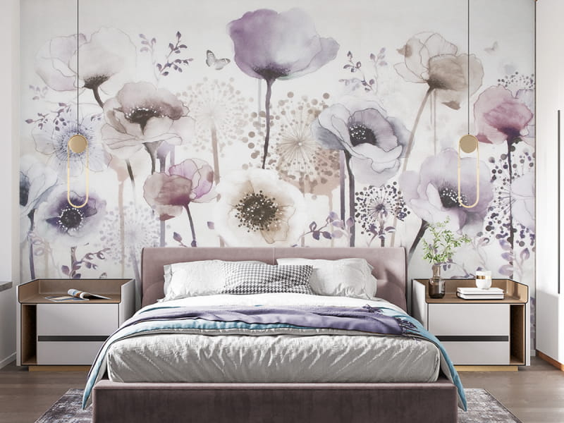 Фотообои Сиреневые маки в интерьере спальни