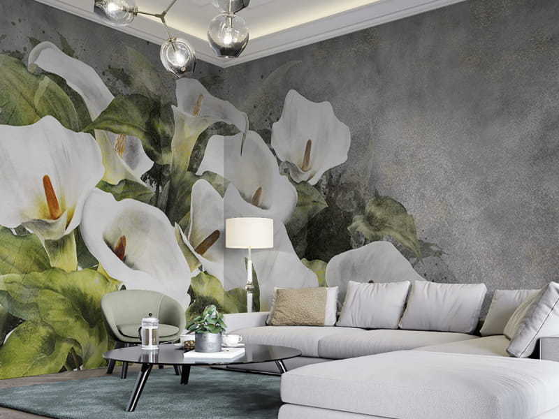 Фотообои Нежные каллы в интерьере гостиной