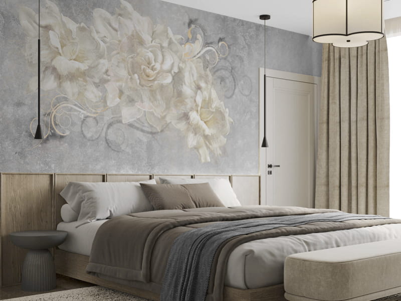 Фотообои Цветение белых пионов в интерьере спальни