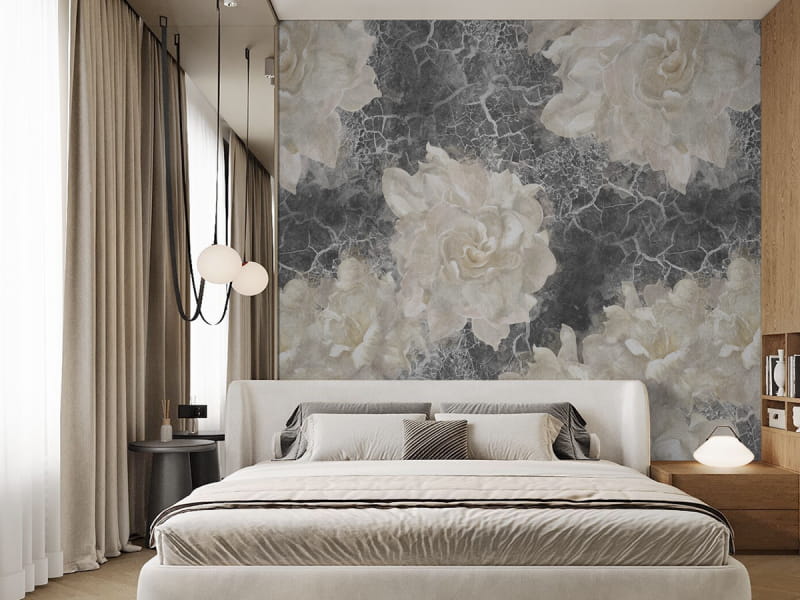 Фотошпалери Квітучі світлі півонії в інтер'єрі спальні