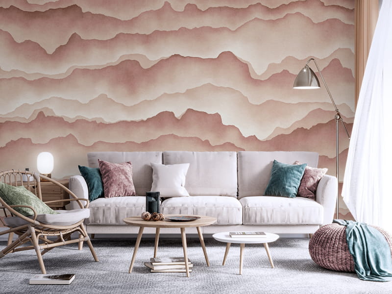 Фотообои Терракотовые горы, акварель в интерьере гостиной