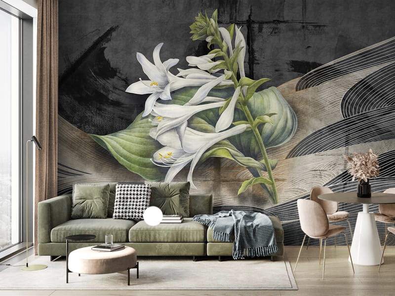 Фотошпалери Ніжні лілії в інтер'єрі вітальні