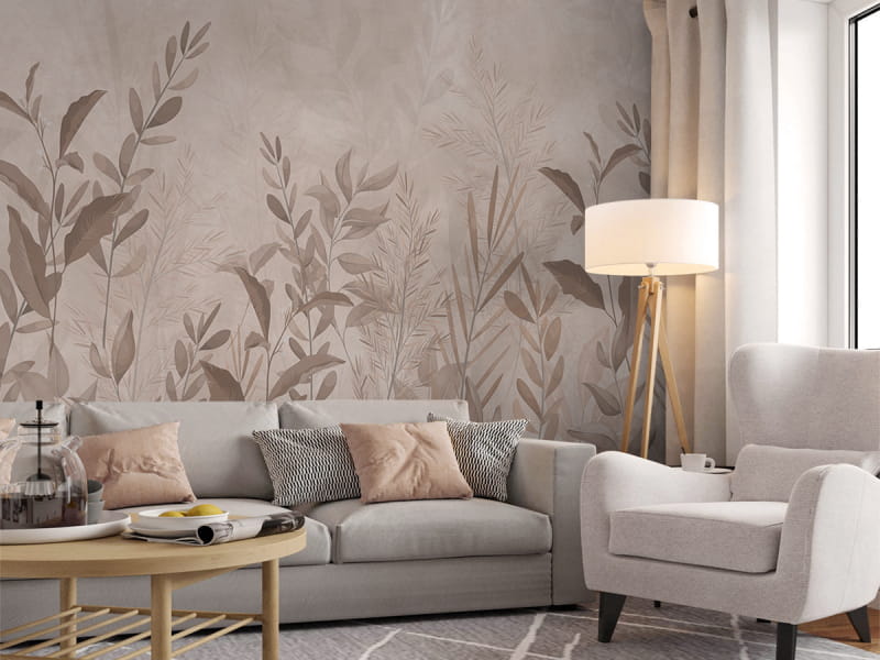 Фотообои Бежевые листья, рисунок в интерьере гостиной
