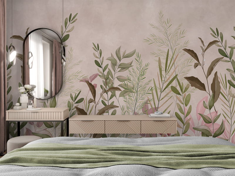Фотообои Пастельная листва в интерьере спальни