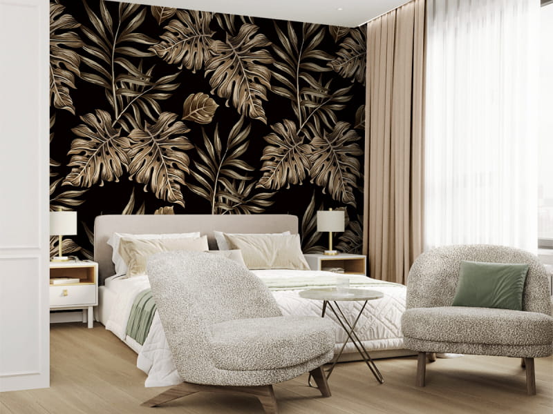 Фотошпалери Золоте листя тропіків в інтер'єрі спальні