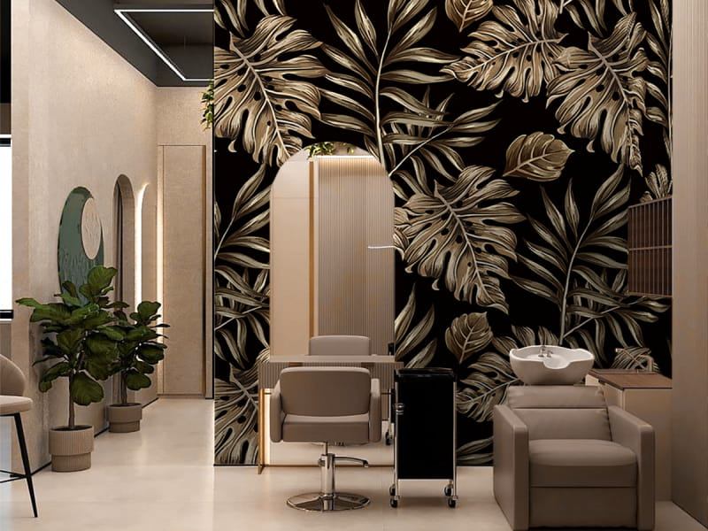 Фотошпалери Золоте листя тропіків в інтер'єрі хола