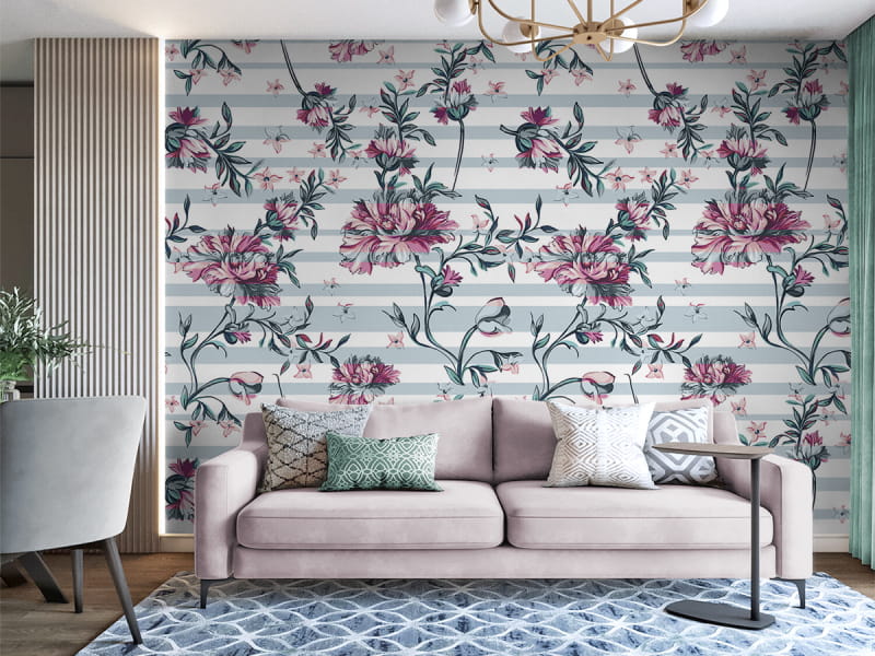 Фотообои Сиреневые пионы в интерьере гостиной