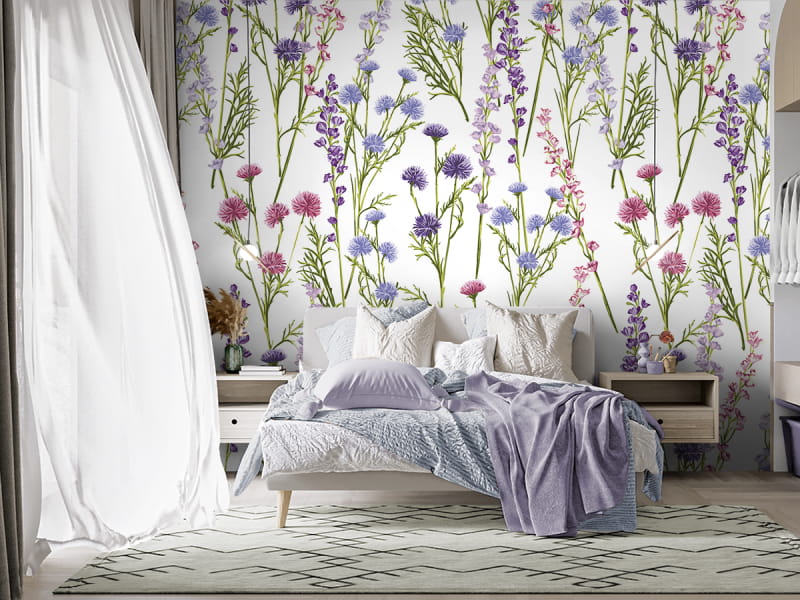 Фотообои Весенние луговые цветы в интерьере спальни