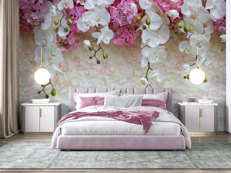 Фотообои Нежные цветы орхидеи 3Д в интерьере спальни