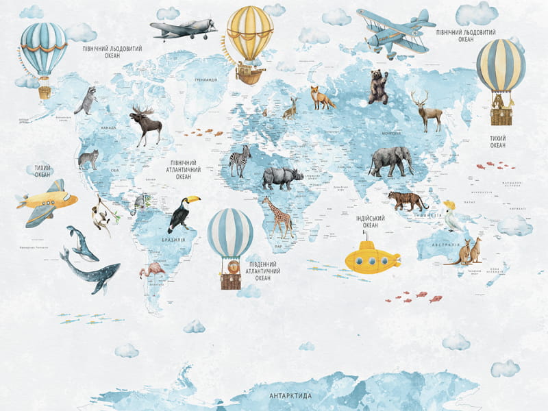 Фотообои Акварельная карта с животными