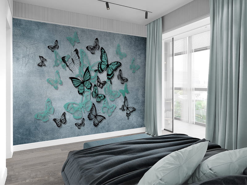 Фотообои Бирюзовые бабочки в интерьере спальни