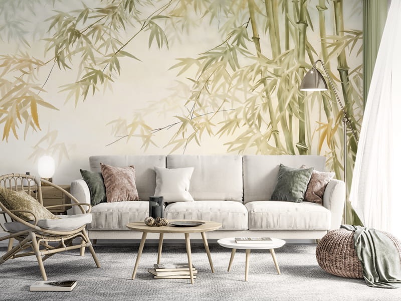 Фотообои Солнечный бамбуковый лес в интерьере гостиной