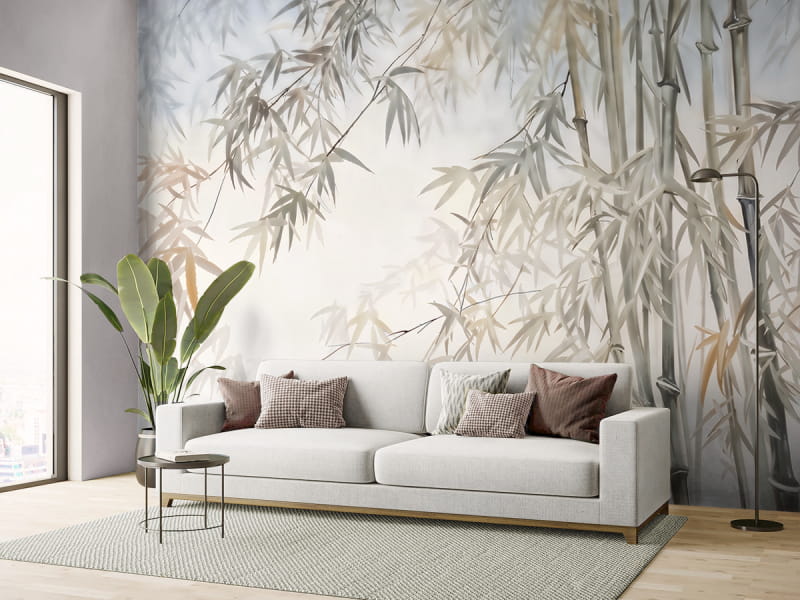 Фотообои Бамбуковый лес, акварель в интерьере гостиной