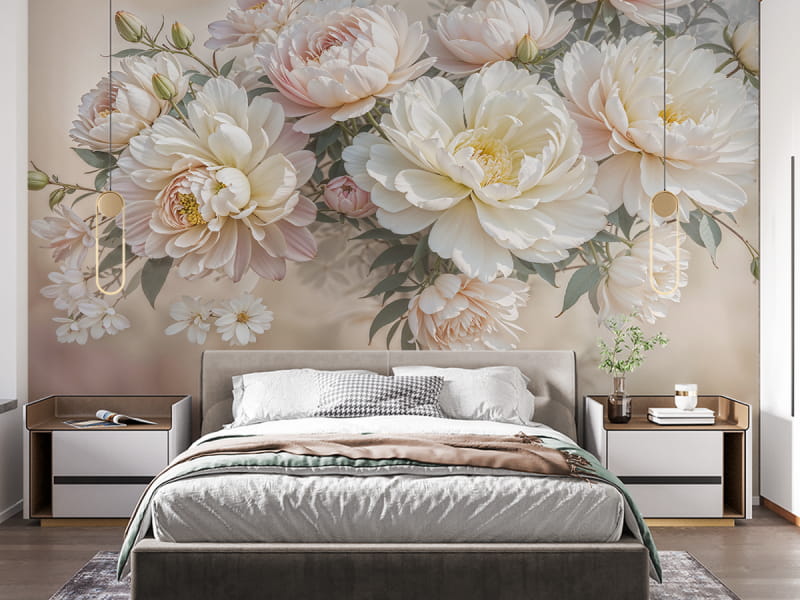 Фотообои Волшебные пион в интерьере спальни