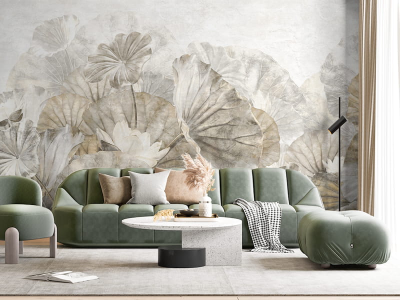 Фотошпалери Бежеве листя лотоса в інтер'єрі вітальні