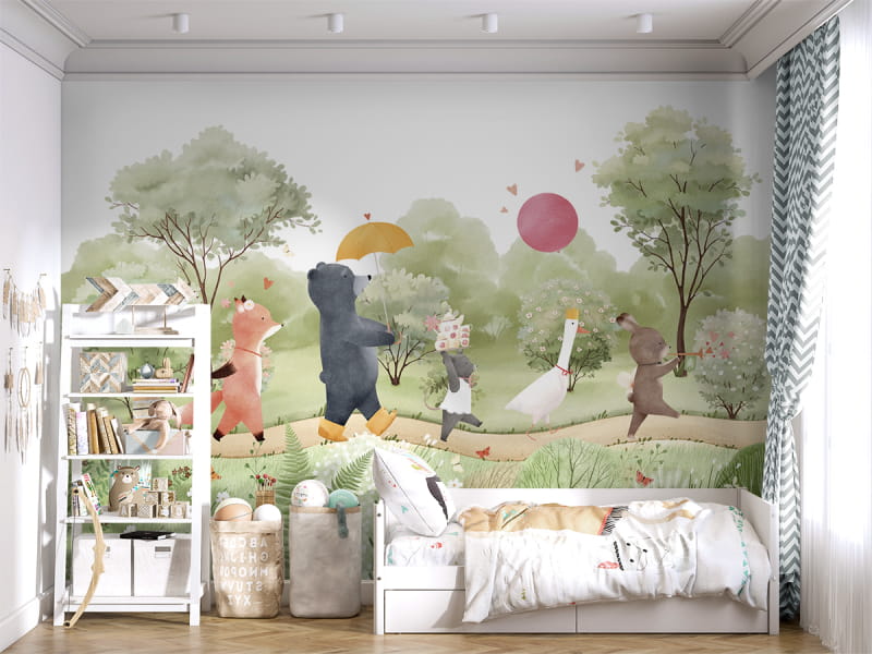 Фотообои Поход зверят на чаепитие в интерьере детской
