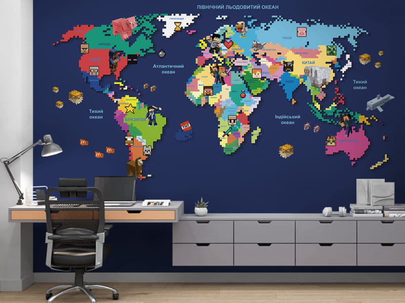 Фотообои Карта в стиле Майнкрафт в интерьере подростковой