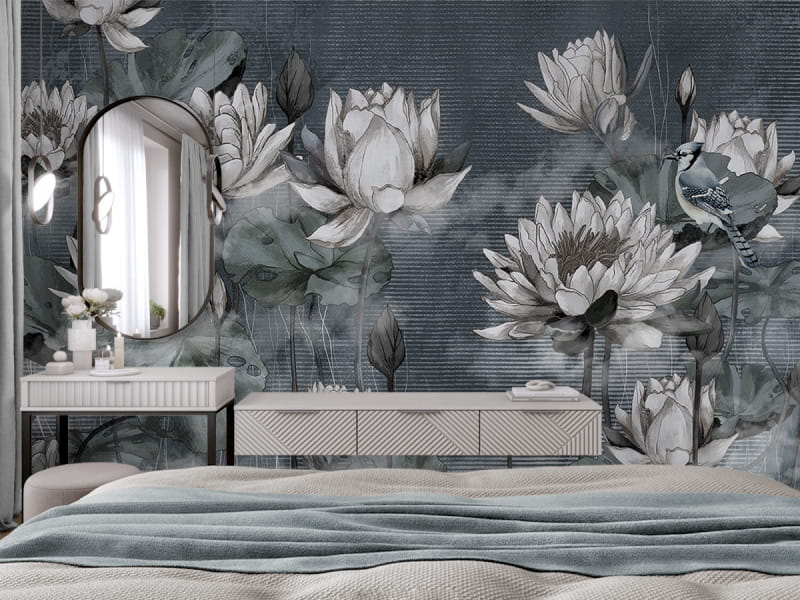 Фотошпалери Прекрасні лілії в інтер'єрі спальні