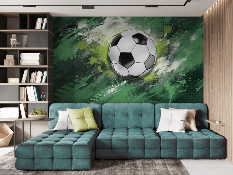 Фотошпалери Футбольний м'яч на зеленому в інтер'єрі підліткової