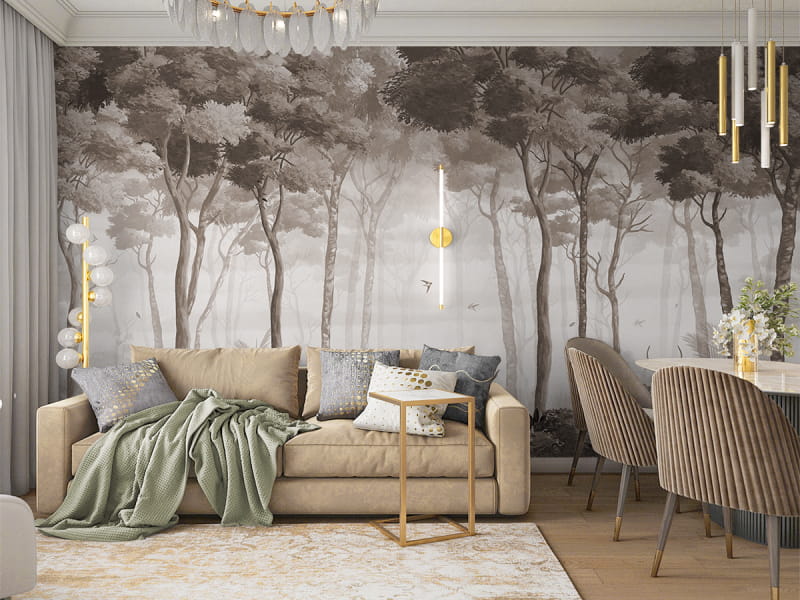 Фотообои Тайна туманного леса в интерьере гостиной