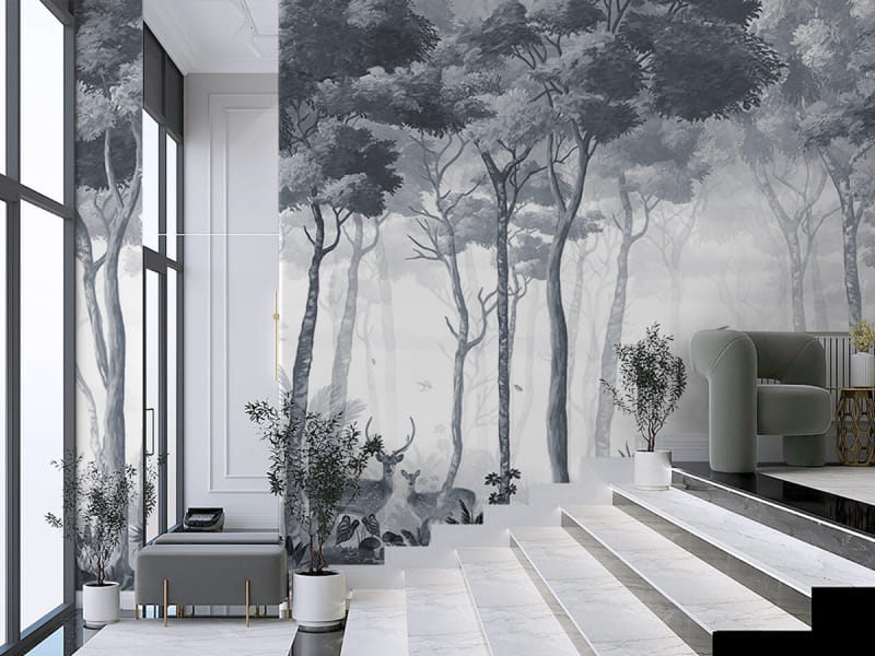 Фотообои Прекрасный лес в синем тумане в интерьере ресторана