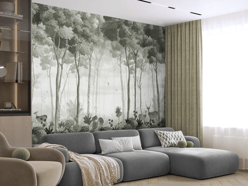 Фотошпалери Зелений ліс пейзаж в інтер'єрі вітальні