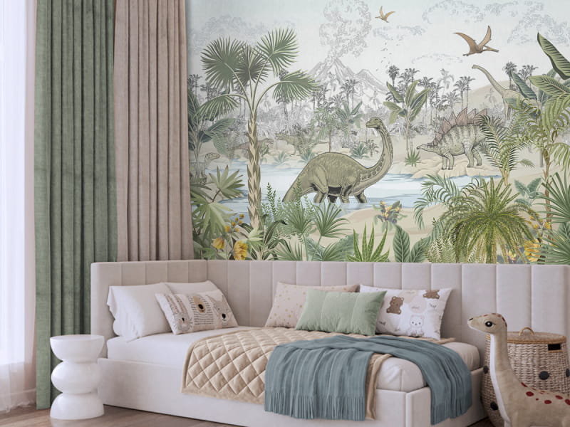 Фотошпалери Долина динозаврів в інтер'єрі дитячої