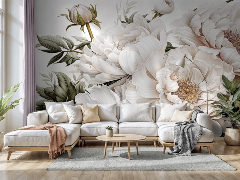 Фотообои Распустившиеся пионы в интерьере гостиной