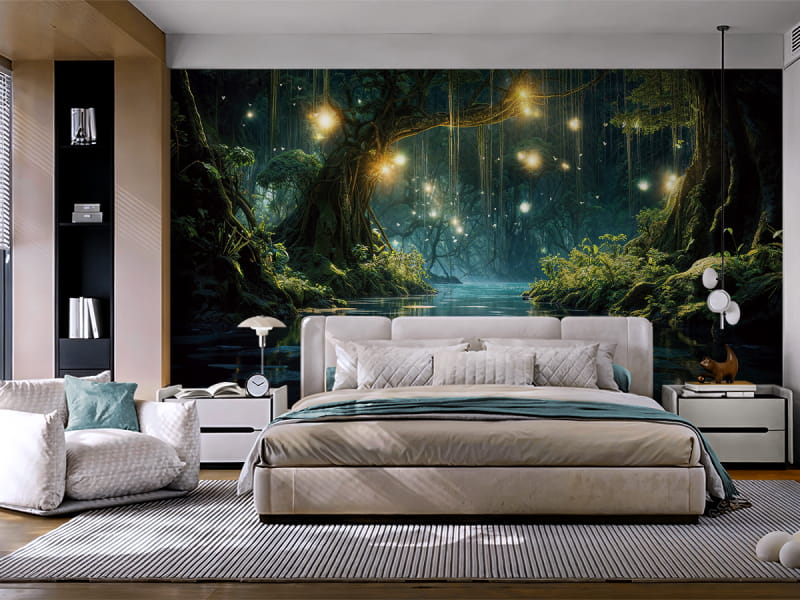 Фотообои Светлячки волшебного леса в интерьере спальни