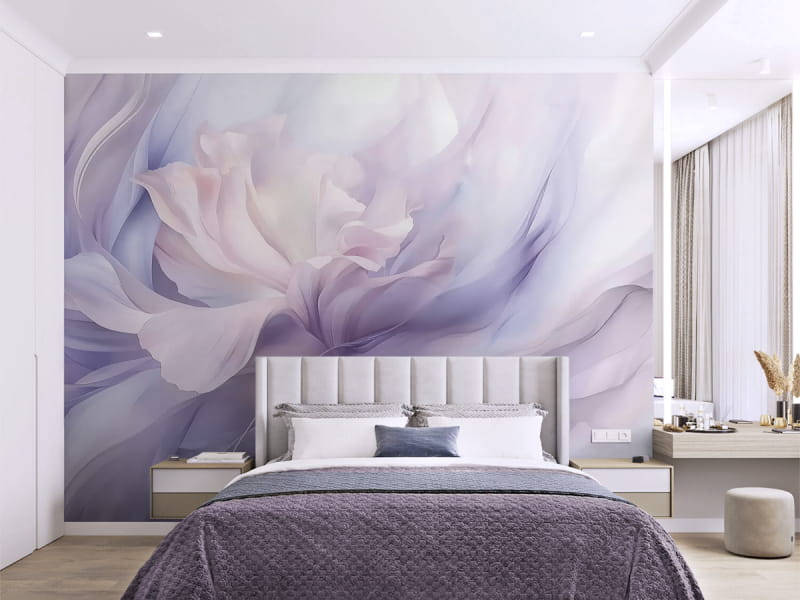 Фотообои Фиолетовый акварельный цветок в интерьере спальни