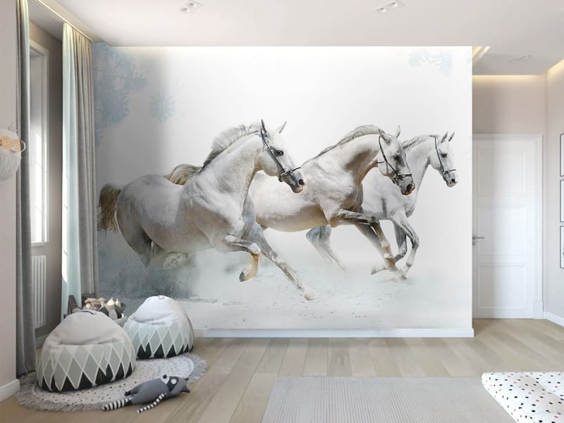 Фотообои Три белых коня в интерьере подростковой