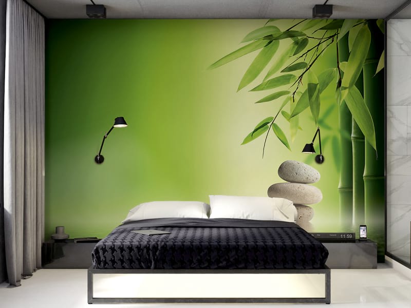 Фотошпалери Листя бамбука та каміння в інтер'єрі спальні